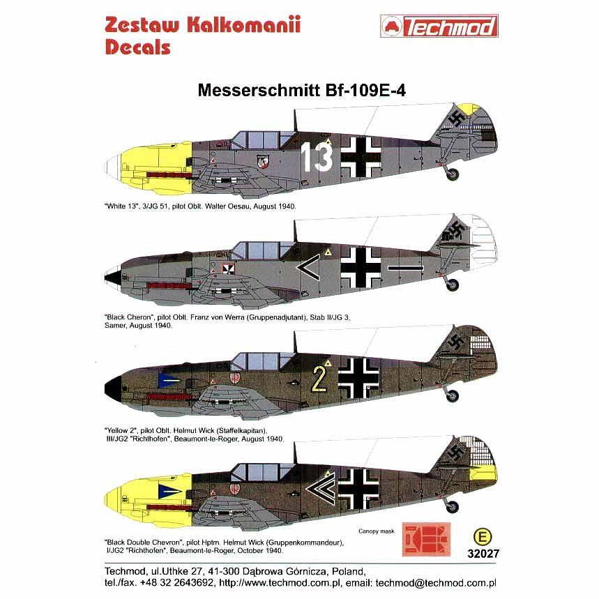 【新製品】TEC32027)メッサーシュミット Bf109G-2 キャノピーマスキング付