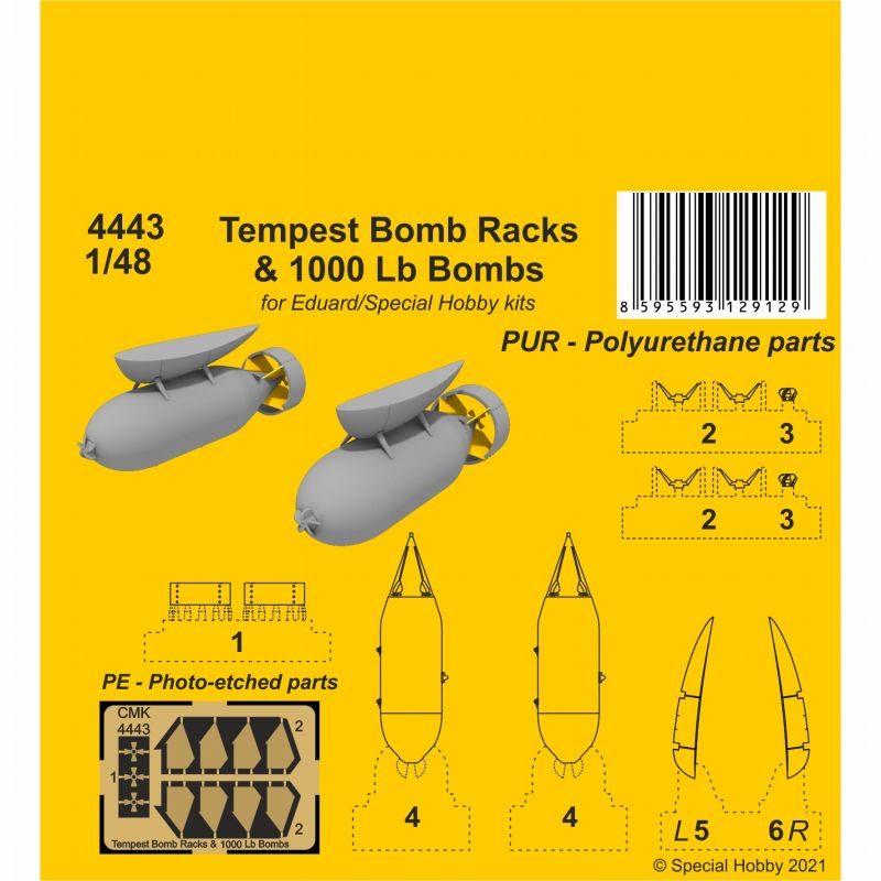 【新製品】4443 1/48 ホーカー テンペスト 爆弾架 w/1,000ポンド爆弾 (2個入り) (エデュアルド/スペシャルホビー用)