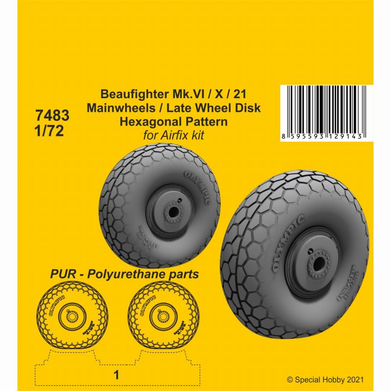 【新製品】7483 1/72 ブリストル ボーファイター Mk.VI/X/21用 後期型ホイール (六角トレッド) (エアフィックス用)