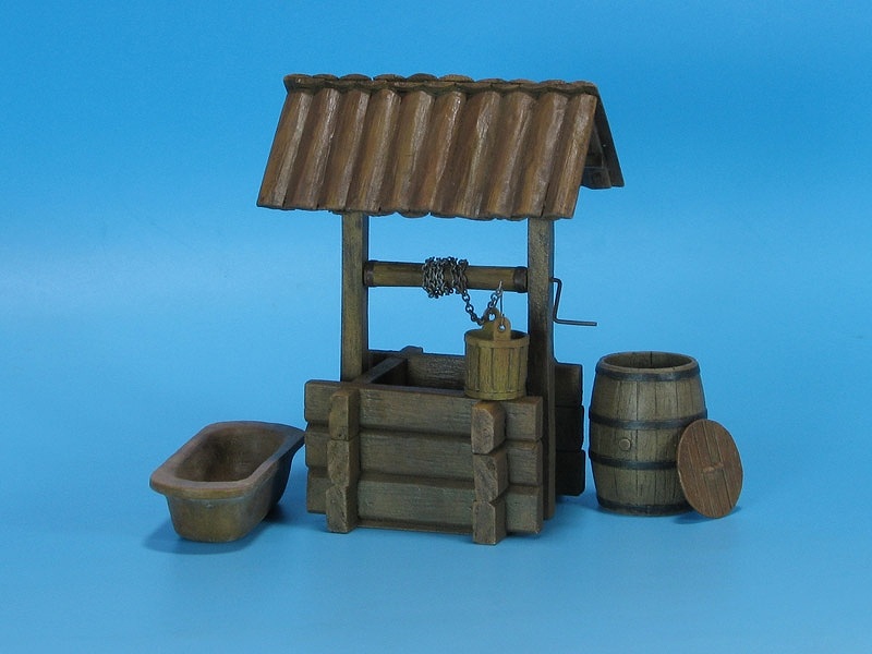 【新製品】ED-3505)ジオラマアクセサリー 木製井戸、木桶、木樽、飼い葉桶セット