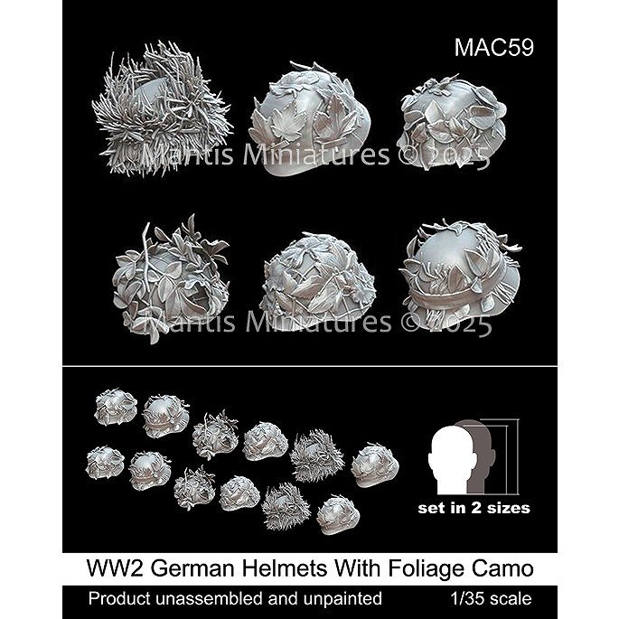 【新製品】MAC59 1/35 WWII ドイツ 枝葉の偽装付ヘルメットセット(6種類2サイズ 12個入)