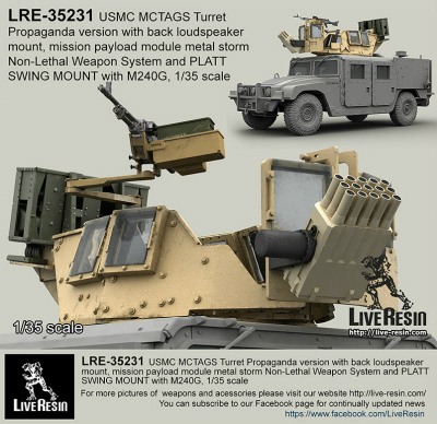 【新製品】LRE-35231)MCTAGS - Marine Corps Transparent Armored Gun Shield USMC Turret Propaganda version with back loudspeaker mount, mission payload module metal storm Non-Lethal Weapon System and PLATT SWING MOUNT with M240G. M240G Machine Gun