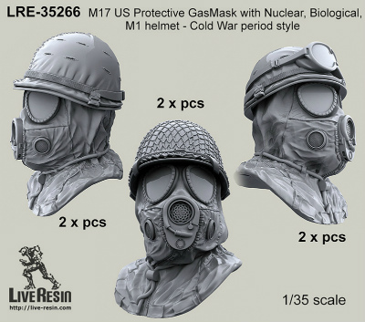 【新製品】LRE-35266)M17 US Protective GasMask with Nuclear, Biological, Chemical protective Hood and M1 helmet - Cold War period style looks foward and looks aside position
