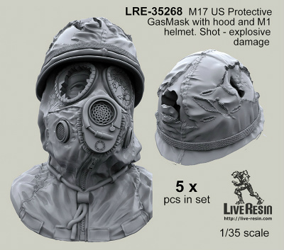 【新製品】LRE-35268)M17 US Protective GasMask with hood and M1 helmet - bullet shoot damage