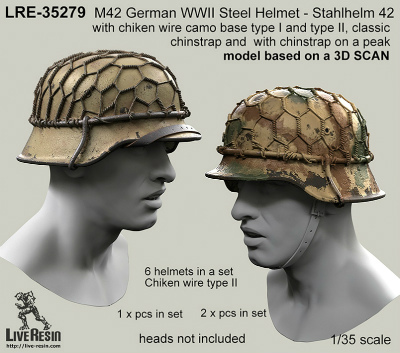 【新製品】LRE-35279)M42 German WWII Steel Helmet - Stahlhelm 42 with chiken wire camo base type I and type II, classic chinstrap and with chinstrap on a peak - real helmet replica