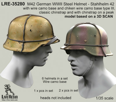 【新製品】LRE-35280)M42 German WWII Steel Helmet - Stahlhelm 42 with wire camo base and chiken wire camo base type III, classic chinstrap and with chinstrap on a peak - real helmet replica