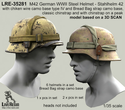 【新製品】LRE-35281)M42 German WWII Steel Helmet - Stahlhelm 42 with chiken wire camo base type IV and Bread Bag strap camo base, classic chinstrap and with chinstrap on a peak - real helmet replica