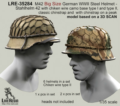 【新製品】LRE-35284)Big Size M42 German WWII Steel Helmet - Stahlhelm 42 with chiken wire camo base type I and type II, classic chinstrap and with chinstrap on a peak - real helmet replica