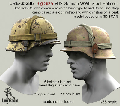 【新製品】LRE-35286)Big Size M42 German WWII Steel Helmet - Stahlhelm 42 with chiken wire camo base type IV and Bread Bag strap camo base, classic chinstrap and with chinstrap on a peak - real helmet replica