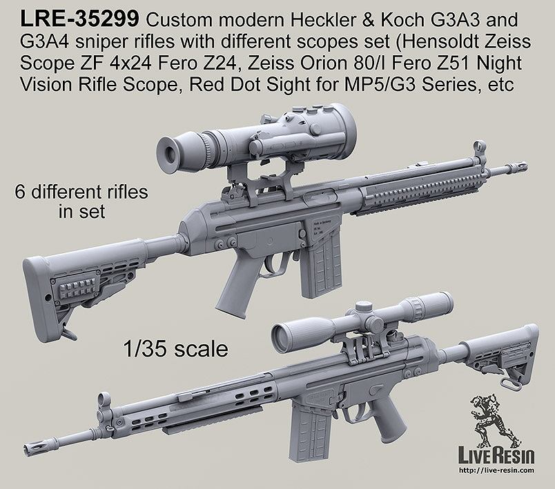【新製品】LRE-35299)Custom modern Heckler & Koch G3A3 and G3A4 sniper rifles with different scopes set (Hensoldt Zeiss Scope ZF 4x24 Fero Z24, Zeiss Orion 80/I Fero Z51 Night Vision Rifle Scope, Red Dot Sight for MP5/G3 Series, etc