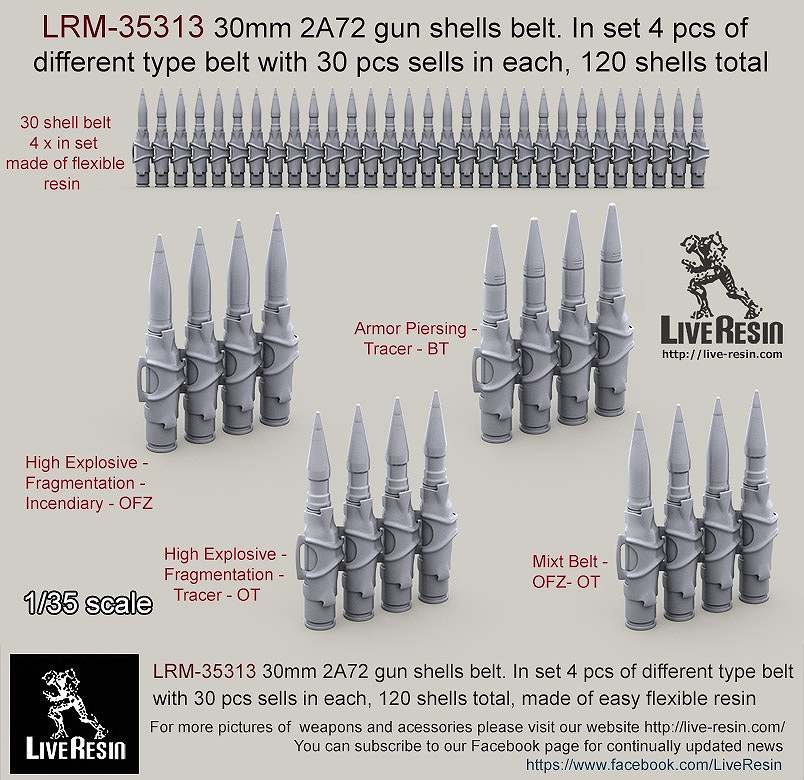 【新製品】LRE-35313)30mm 2A72 gun shells belt. In set 4 pcs of different type belt with 30 pcs sells in each, 120 shells total, model made of easy flexible resin
