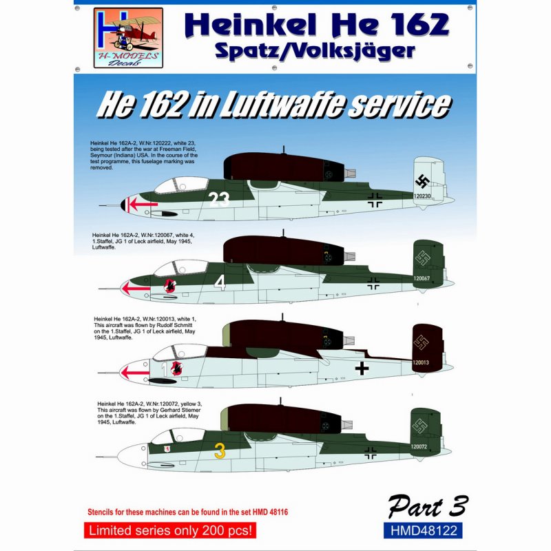 【新製品】HMD48122)ハインケル He162 サラマンダー ｢ルフトバッフェ パート3｣ (4機分)
