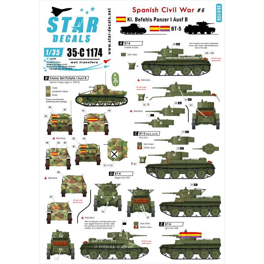 【新製品】35-C1174 WWII 西班 スペイン内戦 #6 ナショナリストのI号戦車と共和派のBT-5のマーキングmarkings.