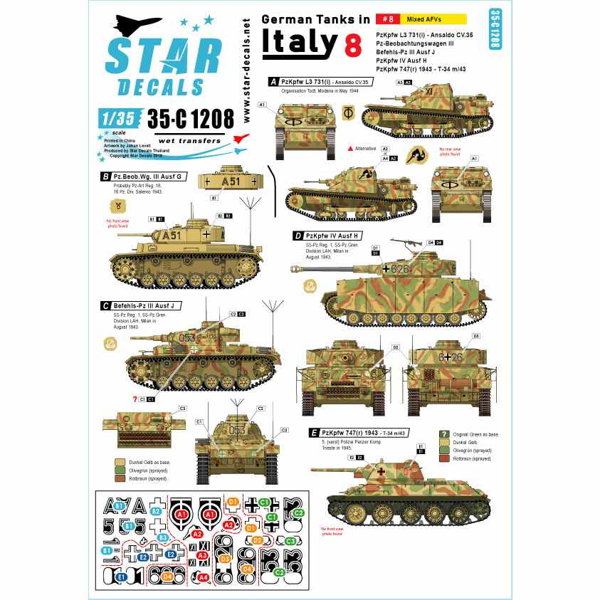 【新製品】35-C1208 WWII 独 イタリア戦線のドイツ戦車＃8 III号指揮戦車G型 III号指揮戦車J型 IV号戦車H型 L3豆戦車 T-34/76