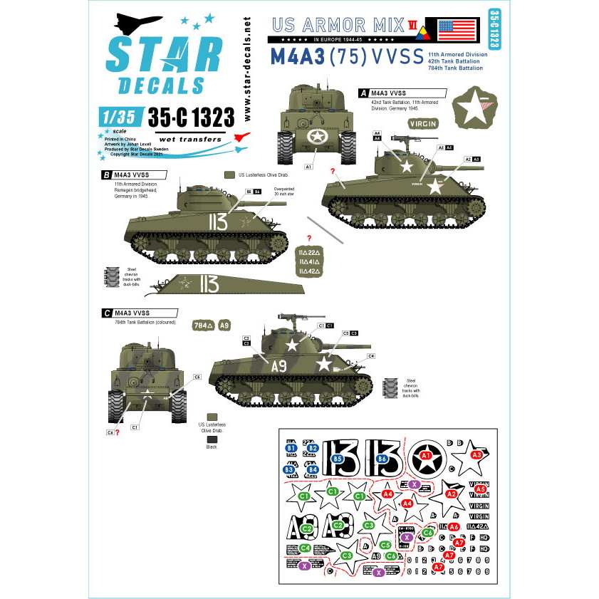 【新製品】35-C1323 1/35 WWII 米軍AFV特集＃6 ヨーロッパでのM4A3(75)W 1944-45 第11機甲師団 第42機甲師団 第784機甲師団