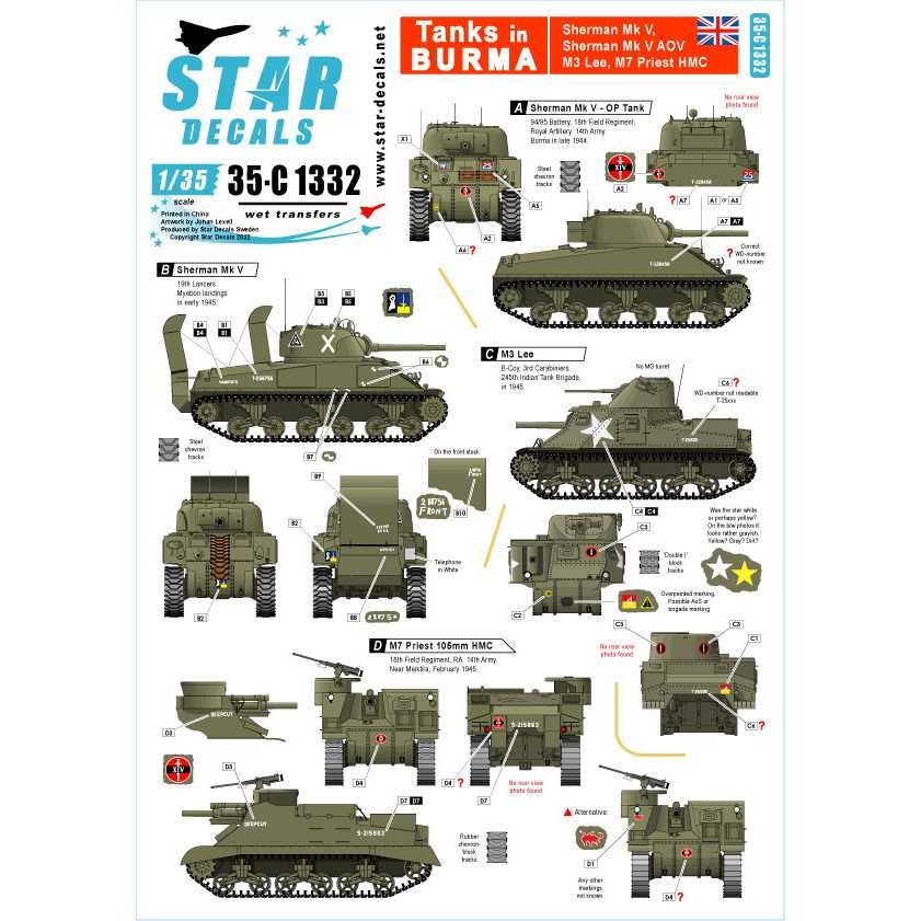 【新製品】35-C1332 1/35 WWII 英 イギリス陸軍 ビルマ戦線の英軍戦車 シャーマンMkV シャーマンMkV AOP M3リー M7プリーストHMC