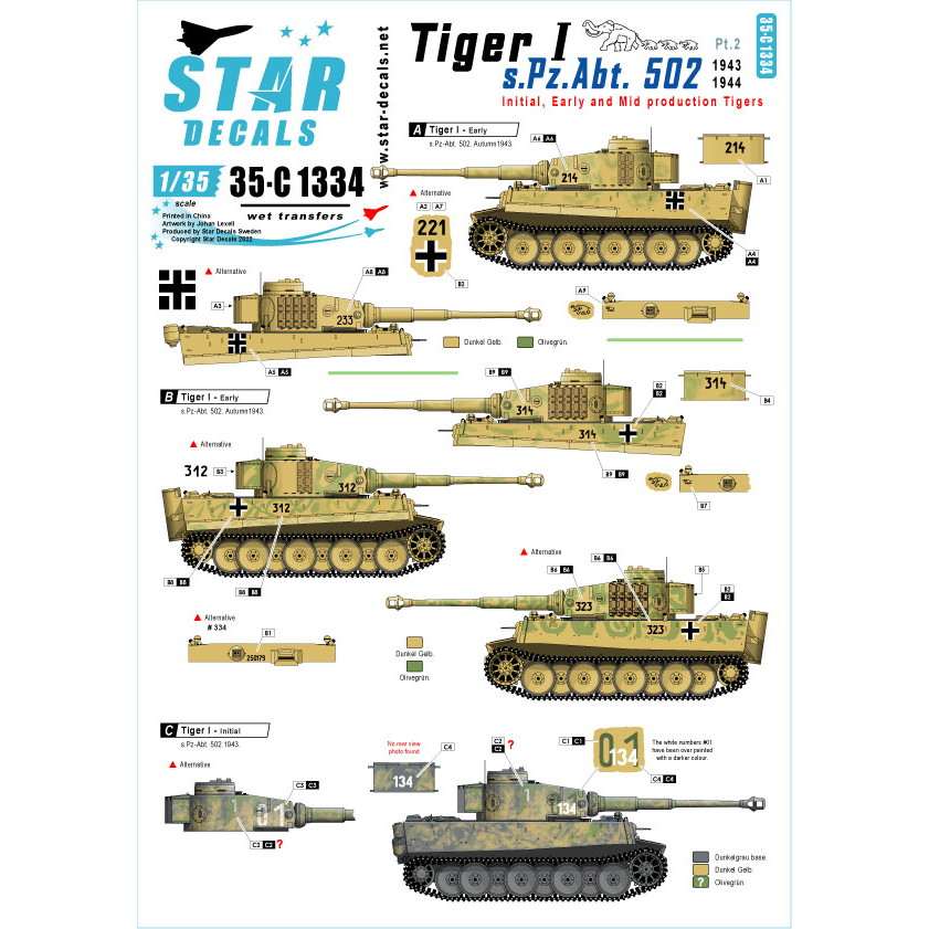 【新製品】35-C1334 1/35 WWII 独 ドイツ国防軍タイガーI 第502重戦車大隊＃2 タイガー極初期/初期/中期型 1943-44