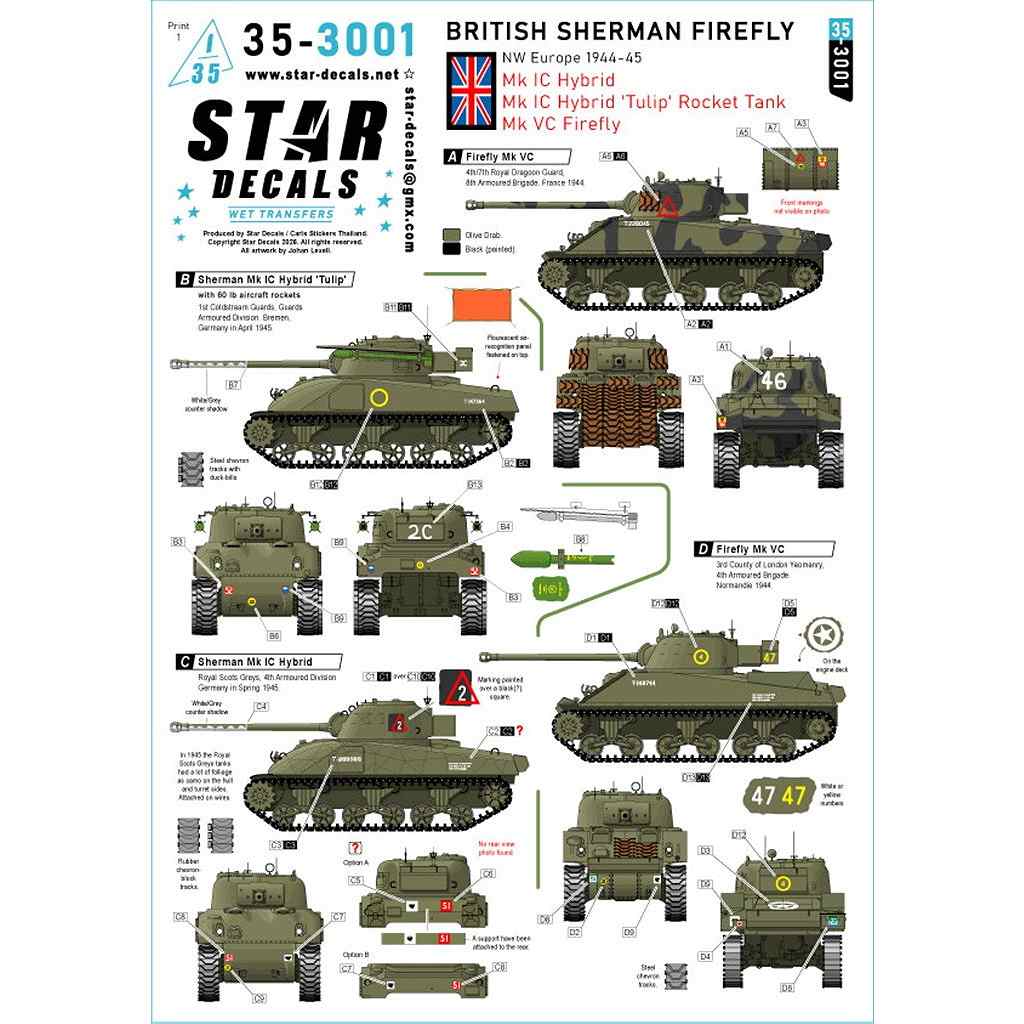 【新製品】35-3001 1/35 WWII イギリス 1944-45年北西ヨーロッパ戦線の英軍シャーマン・ファイアフライ戦車 Mk.ICハイブリッド/Mk.ICハイブリッド「チューリップ」/Mk.VC