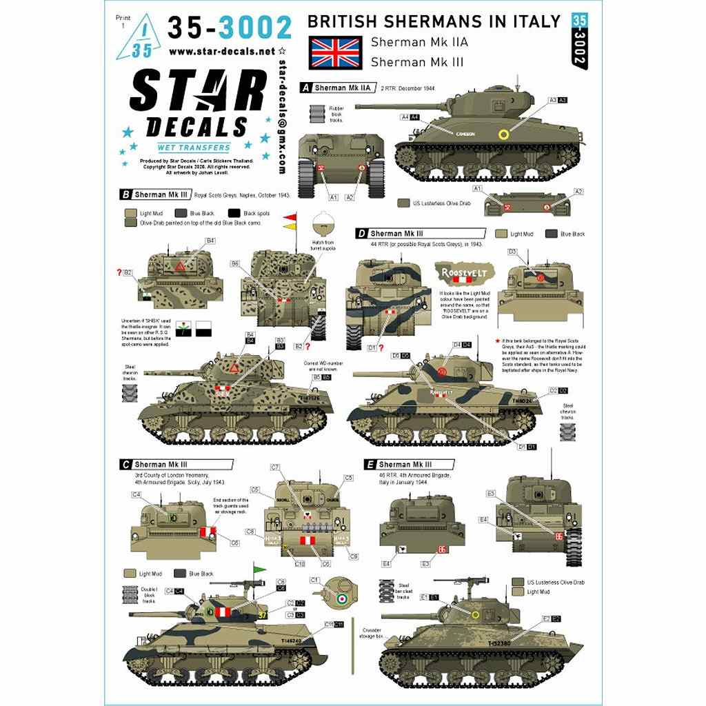 【新製品】35-3002 1/35 WWII イギリス イタリア戦線の英軍シャーマンMk.IIA/Mk.III戦車 2 RTR/ロイヤル・スコッツ・グレイズ/44 RTR/46 RTR/第3CLY