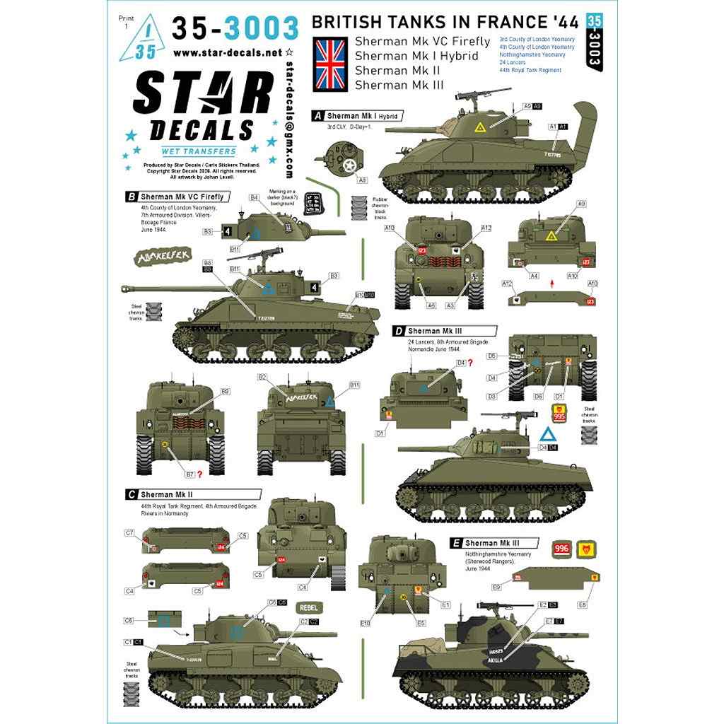 【新製品】35-3003 1/35 WWII イギリス 1944年フランスの英軍シャーマン戦車 Mk.VCファイアフライ/Mk.Iハイブリッド/Mk.II/Mk.III