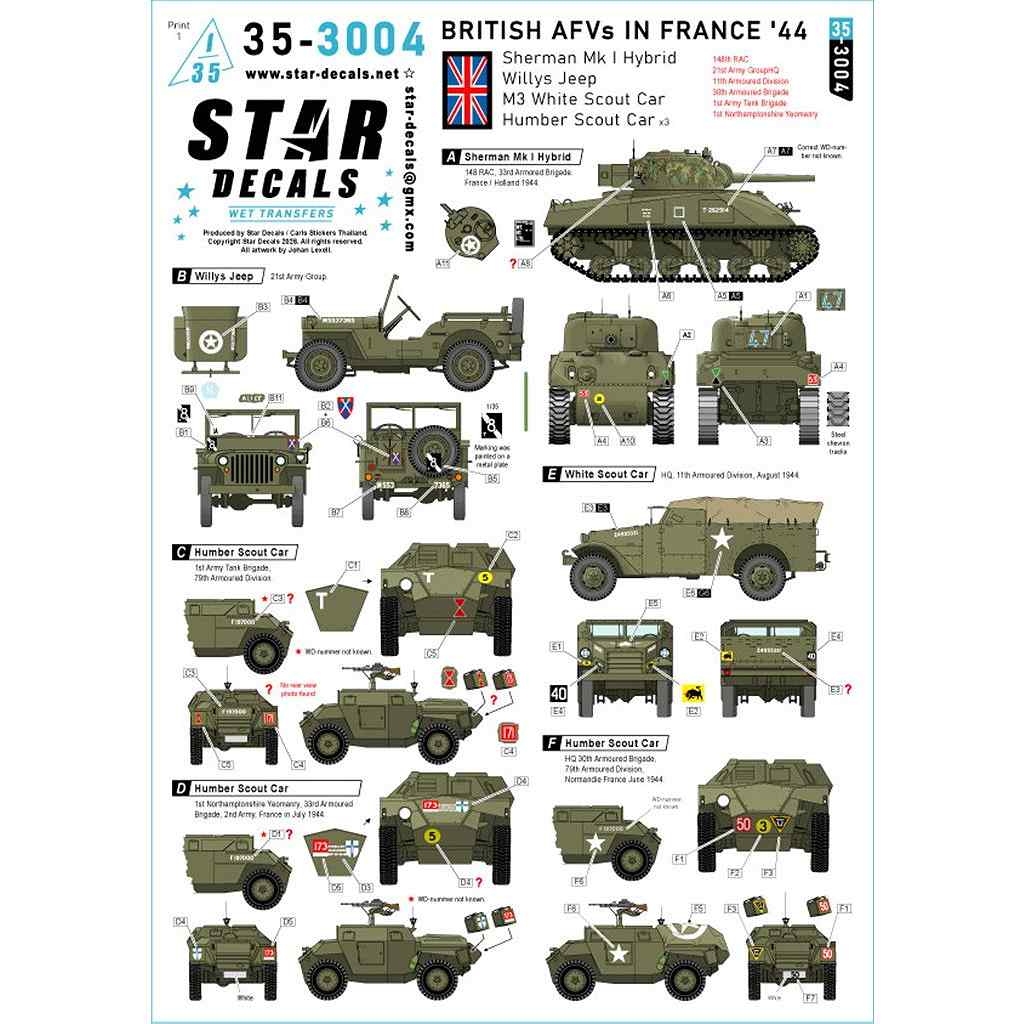 【新製品】35-3004 1/35 WWII イギリス 1944年フランスの英軍AFV シャーマンMk.Iハイブリッド/ウィリス・ジープ/M3ホワイト・スカウトカー/ハンバー・スカウトカー