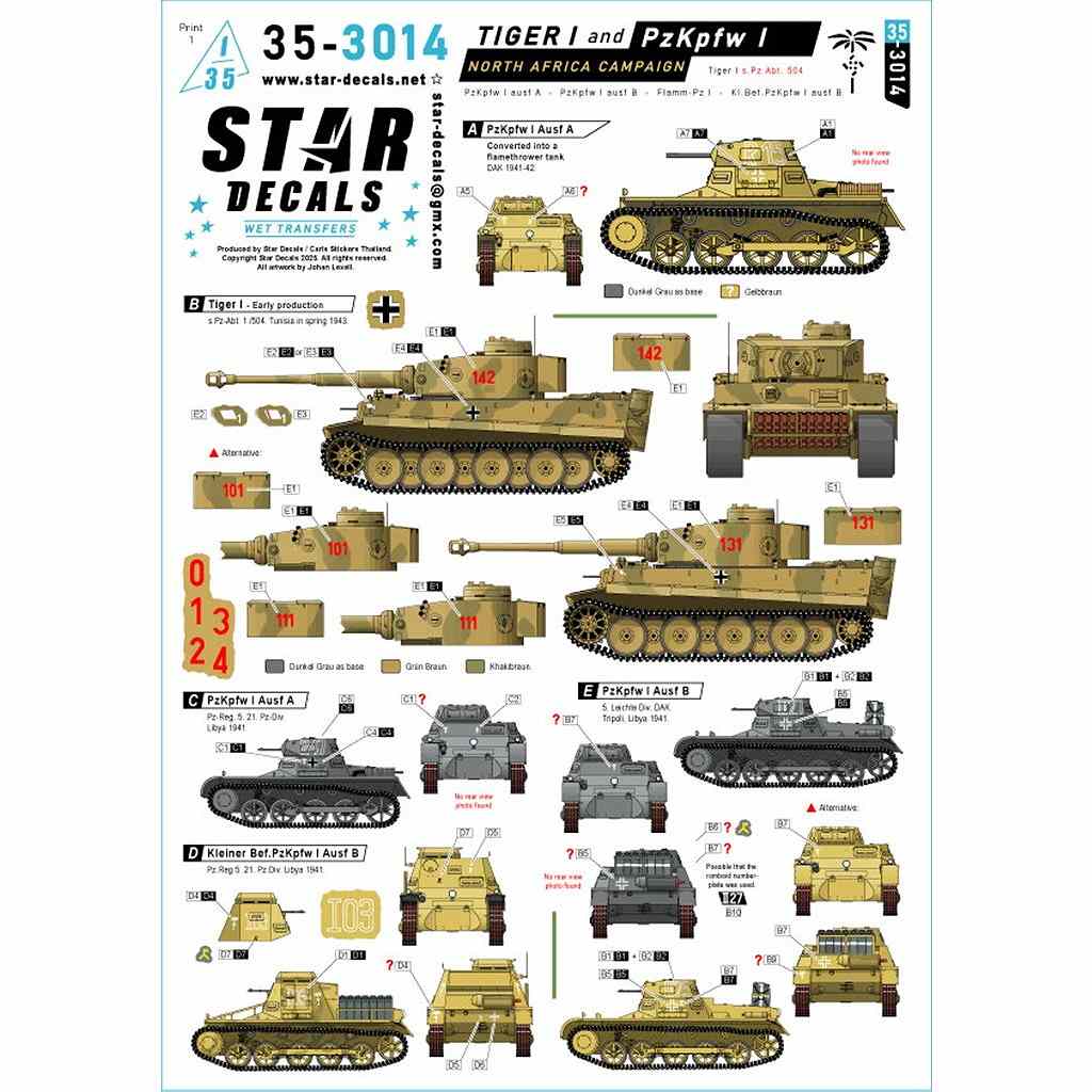 【新製品】35-3014 1/35 WWII ドイツ 北アフリカ戦線のタイガーI重戦車とI号戦車 タイガーI初期型/I号戦車A型/B型/火炎放射戦車/指揮戦車