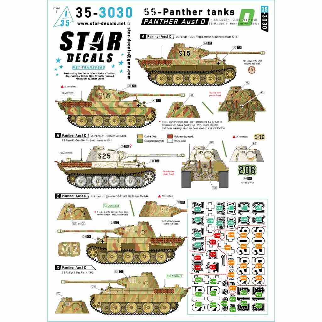 【新製品】35-3030 1/35 WWII ドイツ 武装親衛隊のパンサー戦車 第1SS装甲師団LSSAH/第2SS装甲師団ダスライヒ/第11SS戦車大隊ヘルマン・フォン・ザルツァのパンサーD型