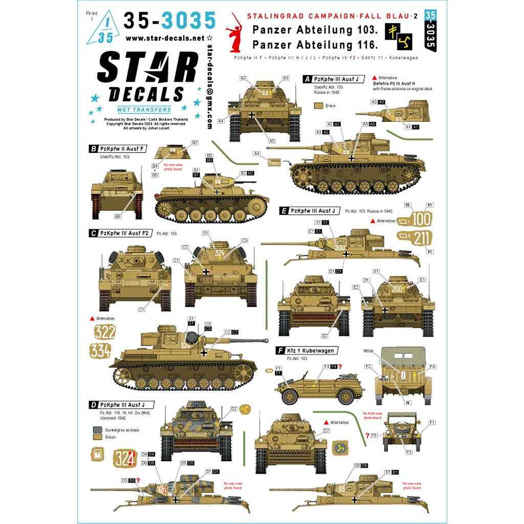 【新製品】35-3035 1/35 WWII ドイツ スターリングラード戦線 ブラウ作戦＃2 第103戦車大隊/第116戦車大隊のII号戦車F型/III号戦車H/J/L型/IV号戦車F2型/Sd.Kfz.11/キューベルワーゲン