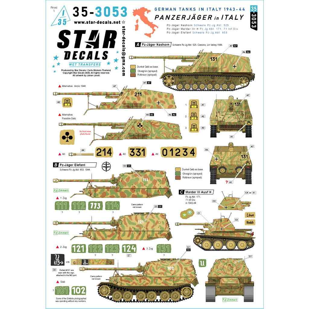 【新製品】35-3053 1/35 WWII ドイツ イタリア戦線の駆逐戦車 ナースホルン/マーダーIII H/エレファント 第525重戦車駆逐大隊/第653重戦車駆逐大隊/第171戦車駆逐大隊