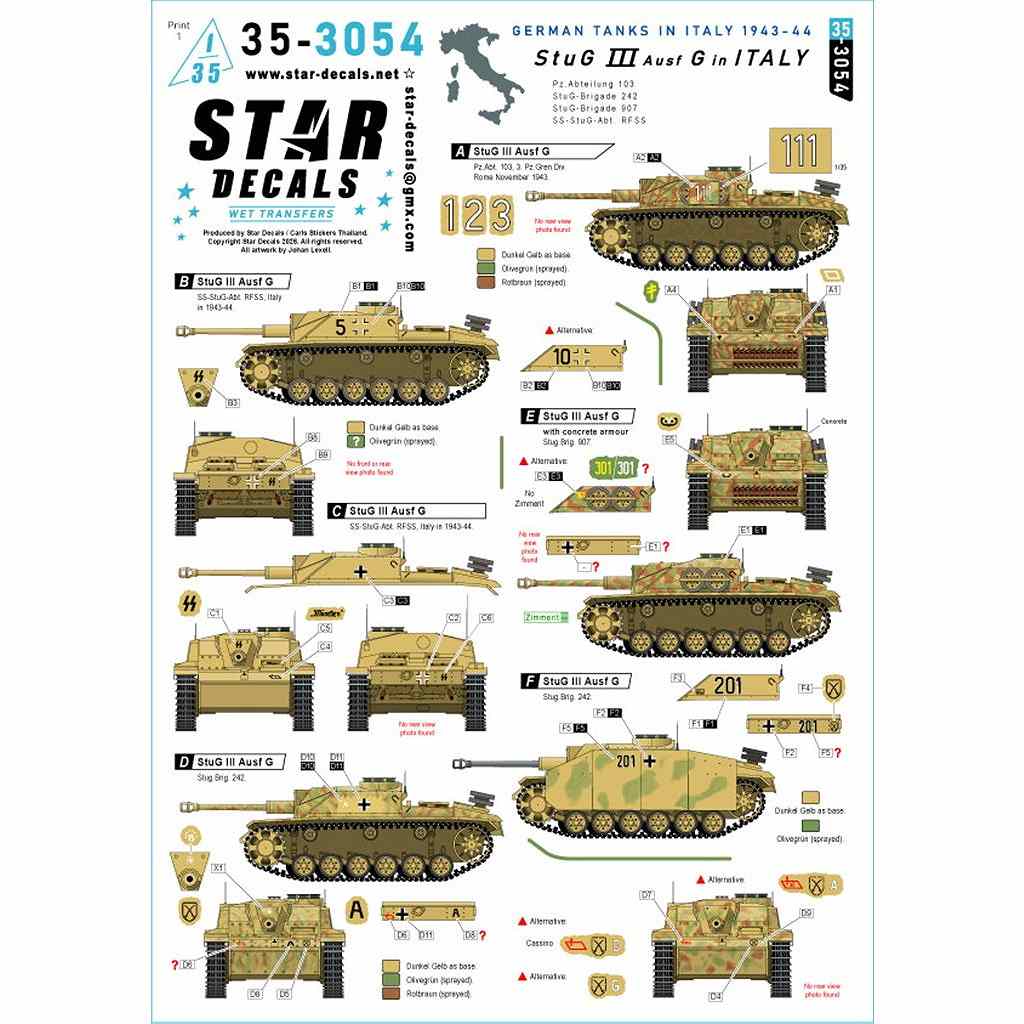 【新製品】35-3054 1/35 WWII ドイツ イタリア戦線のIII号突撃砲G型 第103戦車大隊/第242突撃砲旅団/第907突撃砲旅団/SS突撃砲大隊RFSS