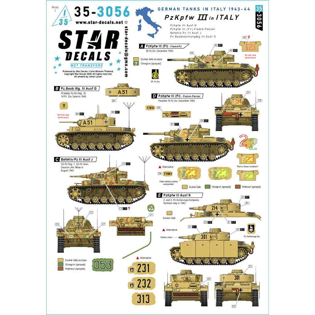 【新製品】35-3056 1/35 WWII ドイツ イタリア戦線のIII号戦車 N型/火炎放射戦車/観測戦車G型/指揮戦車J型