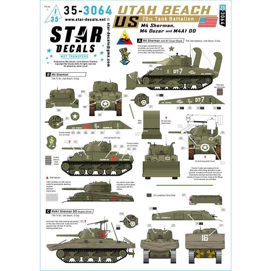 【新製品】35-3064 1/35 WWII アメリカ ユタビーチ第70戦車大隊のM4シャーマン戦車 M4/M4ドーザー/M4A1 DD