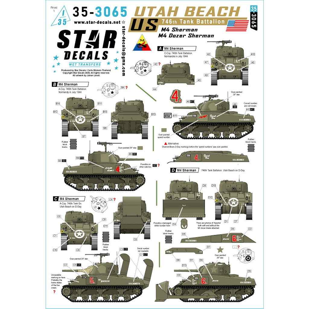 【新製品】35-3065 1/35 WWII アメリカ ユタビーチ第746戦車大隊のM4シャーマン戦車 M4/M4ドーザー