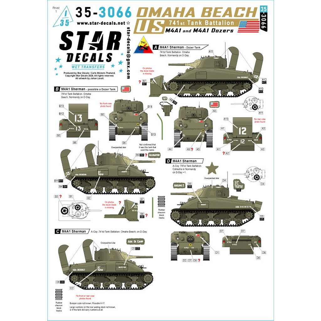 【新製品】35-3066 1/35 WWII アメリカ オマハビーチ第741戦車大隊のM4シャーマン戦車 M4A1/M4A1ドーザー