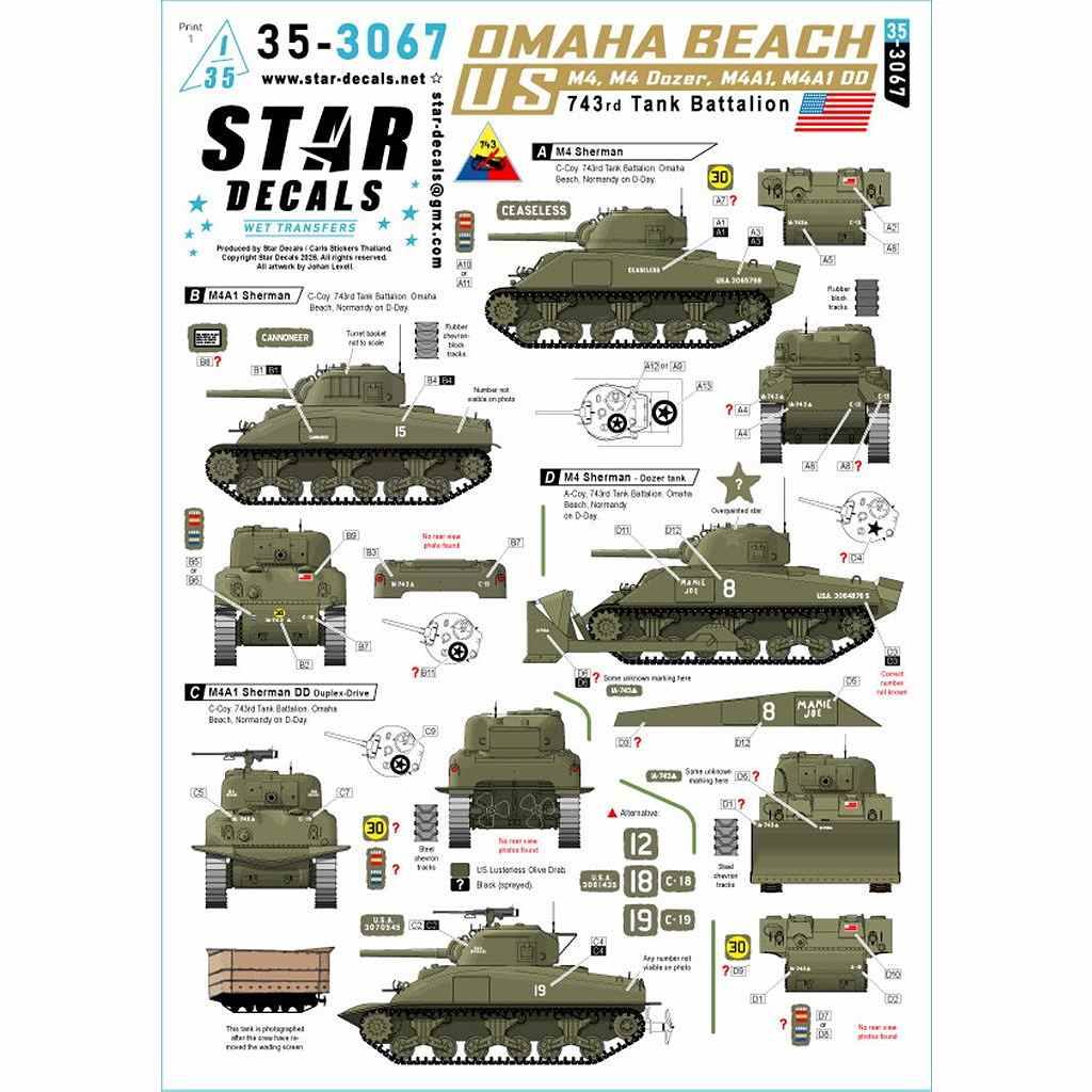 【新製品】35-3067 1/35 WWII アメリカ オマハビーチ第743戦車大隊のM4シャーマン戦車 M4/M4ドーザー/M4A1/M4A1 DD