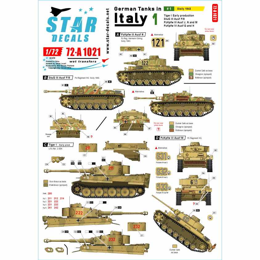 【新製品】72-A1021 WWII 独 イタリア戦線のドイツ戦車＃1 シチリア島編1943年 タイガーI極初期型 III号突撃F/8型 III号戦車J/N/M 型IV号G/H型