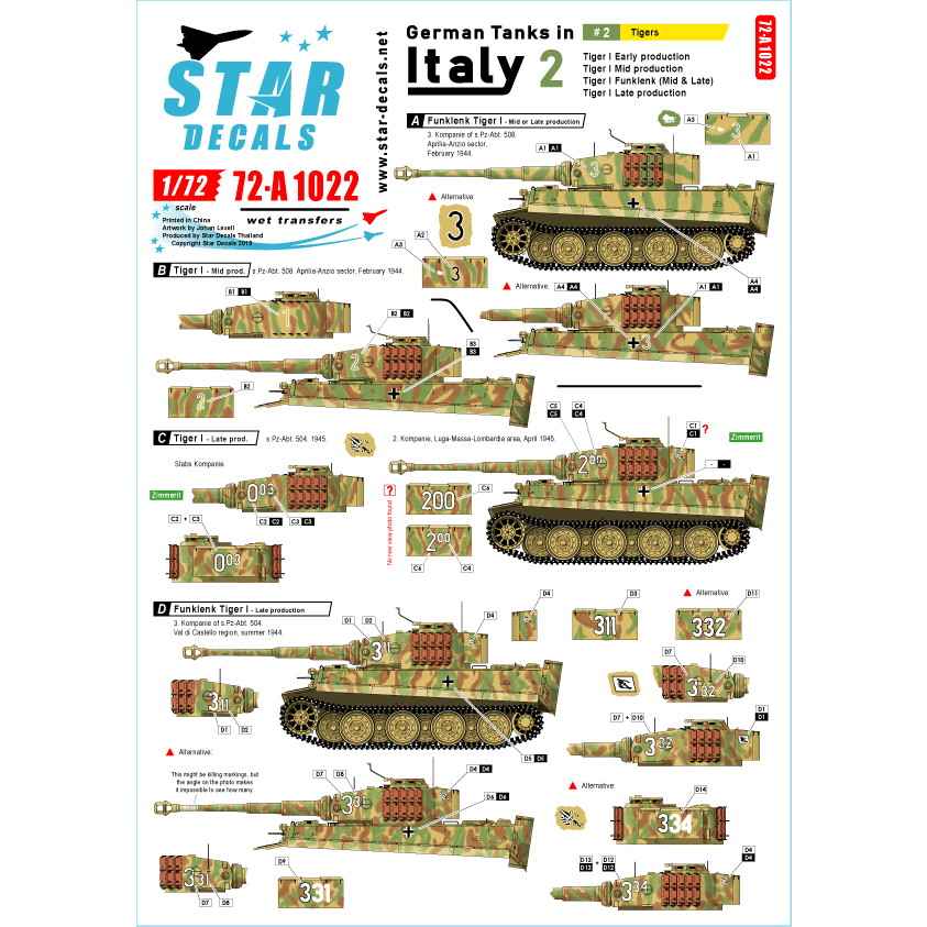 【新製品】72-A1022 WWII 独 イタリア戦線のドイツ戦車＃2 タイガーI初期型 タイガーI中期型 タイガーI後期型