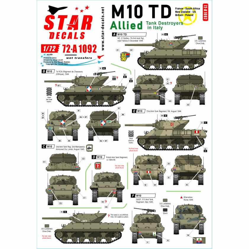 【新製品】72-A1092 1/72 WWII 米/英連邦 イタリアでの連合軍駆逐戦車 M10駆逐戦車 M10アキリーズ フランス/南アフリカ/ニュージーランド/米国/英国/ポーランド