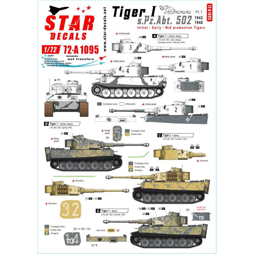 【新製品】72-A1095 1/72 WWII 独 ドイツ国防軍タイガーI 第502重戦車大隊＃1 タイガー初期/初期/中期型