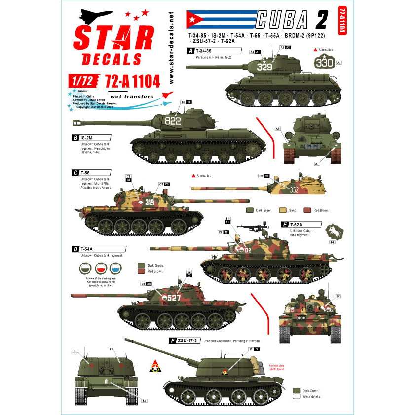 【新製品】72-A1104 1/72 現用 キューバ軍の戦車とAFV＃2 T-34/85 IS-2M T-54A/55/62A ZSU-57-2 BRDM-2(9P122)