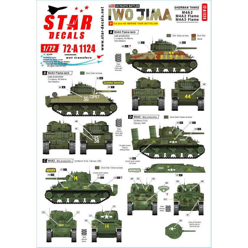 【新製品】72-A1124 1/72 WWII アメリカ 太平洋戦線 硫黄島の戦い アメリカ海兵隊M4A2シャーマン戦車/M4A2火炎放射戦車/M4A3火炎放射戦車