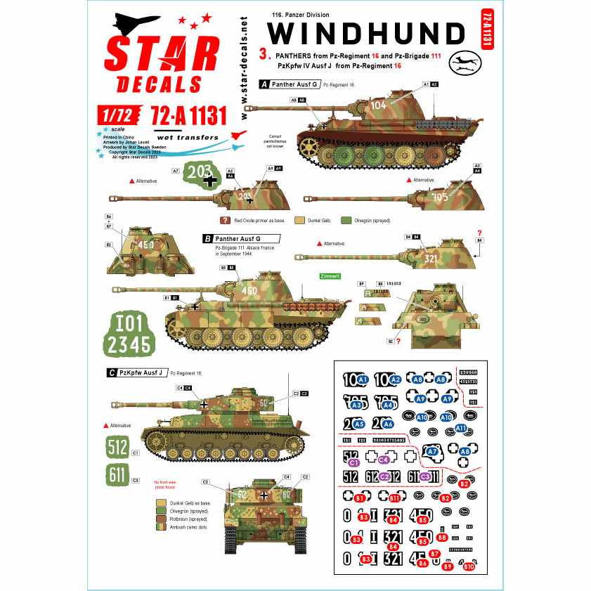 【新製品】72-A1131 1/72 WWII ドイツ ヴィントフント部隊＃3 第16戦車連隊/第111装甲旅団のパンサー戦車G型と第116装甲師団のIV号戦車J型