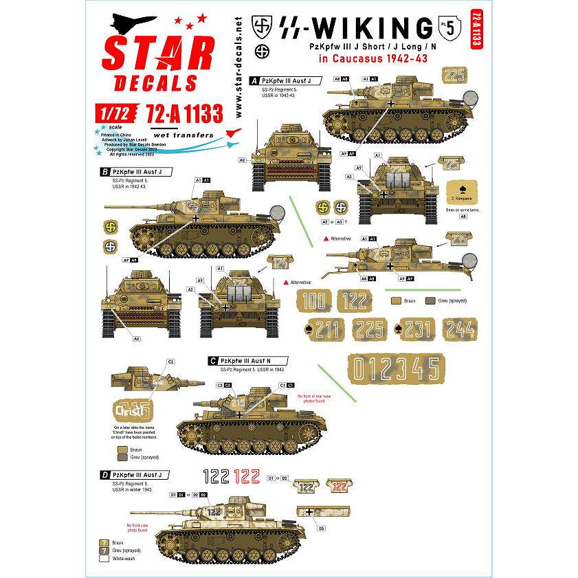 【新製品】72-A1133 1/72 WWII ドイツ ヴィーキング師団＃5 III号戦車J型(短砲身)/J型(長砲身)/N型 コーカサス1942-43年