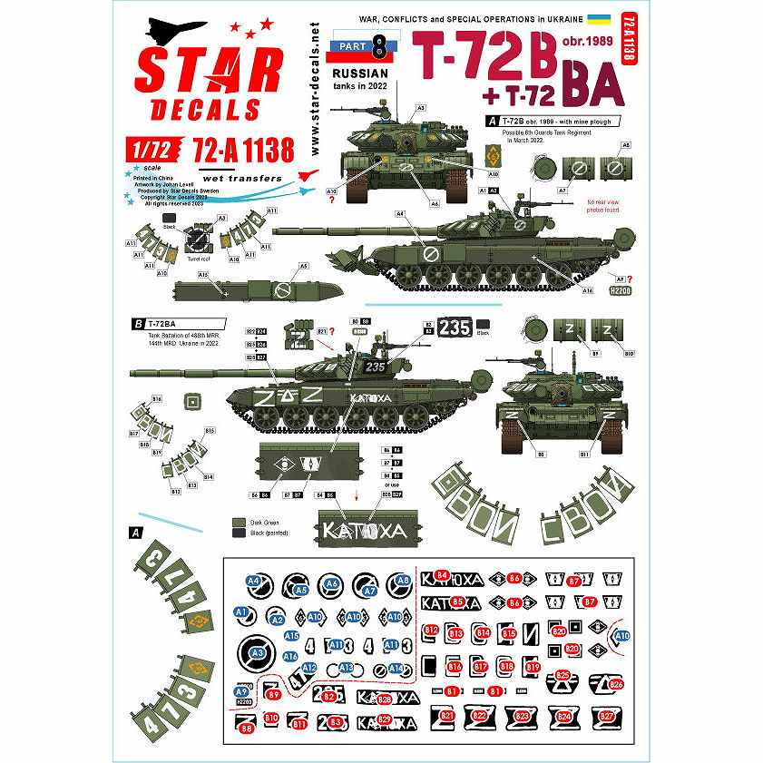 【新製品】72-A1138 1/72 現用 ウクライナの戦争＃8 ロシア軍のT-72B(Mod.1989)/T-72BA主力戦車(2022年)