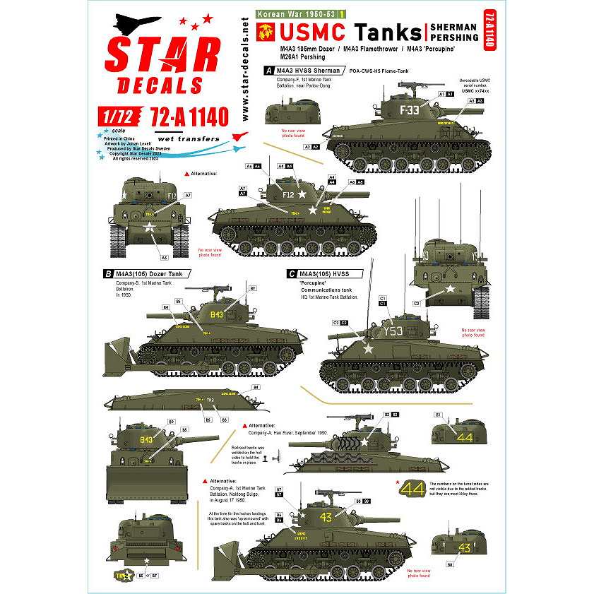 【新製品】72-A1140 1/72 現用 朝鮮戦争＃1 アメリカ海兵隊のシャーマンとパーシング M4A3(105)ドーザー戦車/M4A3火炎放射戦車/M4A3通信戦車/M26A1