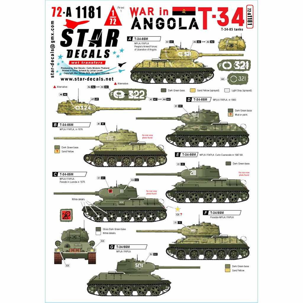 【新製品】72-A1181 1/72 現用 アンゴラ内戦＃1 MPLA/FAPLAのT-34-85戦車 1970-80年代