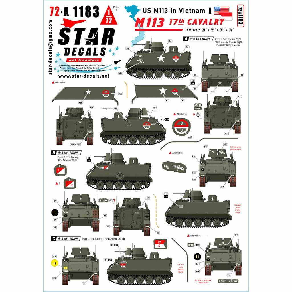 【新製品】72-A1183 1/72 現用 ベトナム戦争のM113＃1 第17騎兵連隊のM113A1 ACAV B/E/F/H中隊