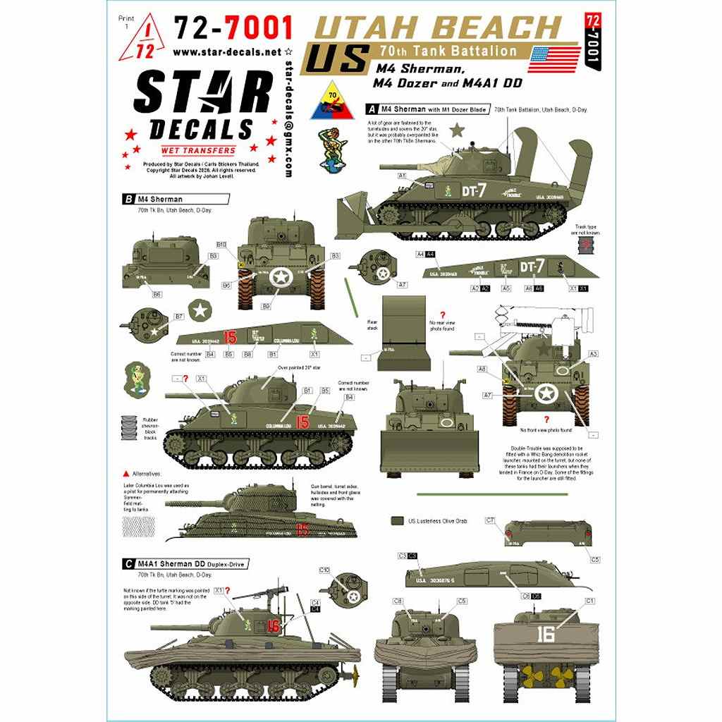 【新製品】72-7001 1/72 WWII アメリカ ユタビーチ第70戦車大隊のM4シャーマン戦車 M4/M4ドーザー/M4A1 DD