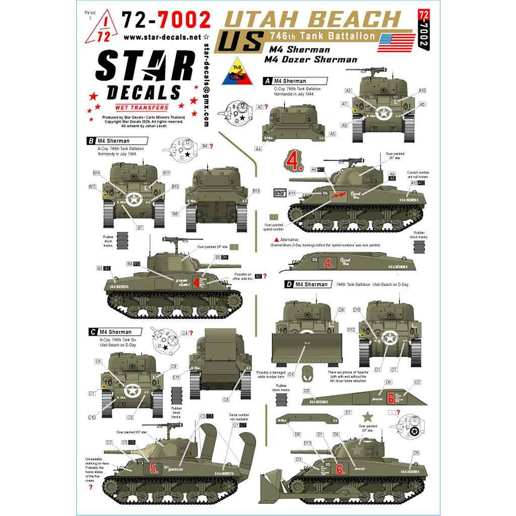 【新製品】72-7002 1/72 WWII アメリカ ユタビーチ第746戦車大隊のM4シャーマン戦車 M4/M4ドーザー