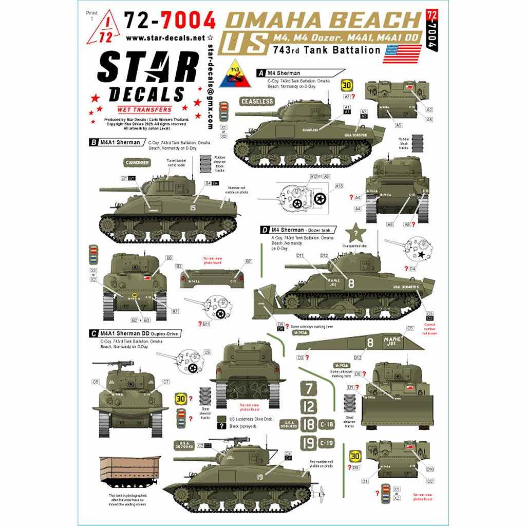 【新製品】72-7004 1/72 WWII アメリカ オマハビーチ第743戦車大隊のM4シャーマン戦車 M4/M4ドーザー/M4A1/M4A1 DD
